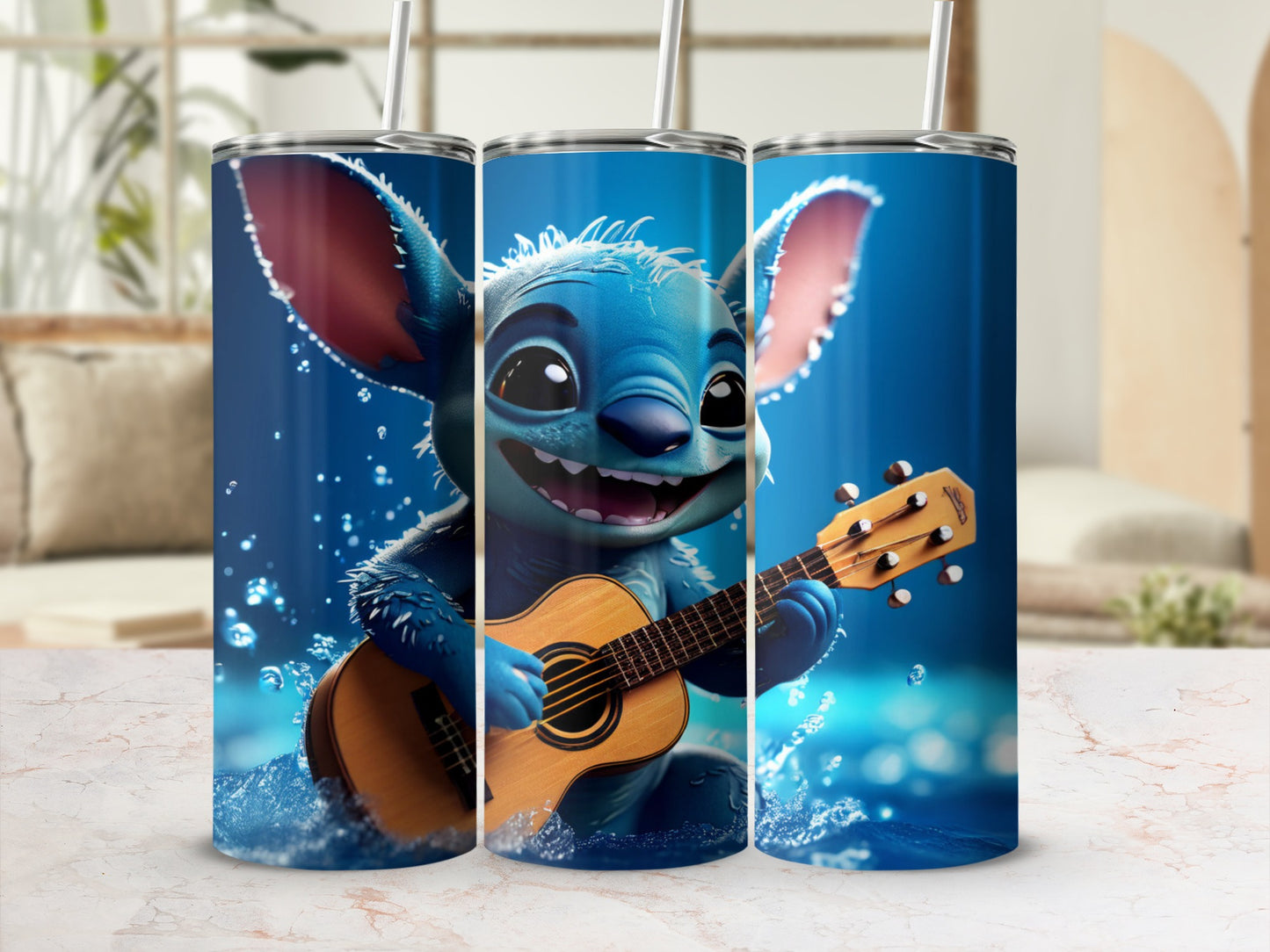 Blue alien character Stitch plays ukulele in water splashes.
