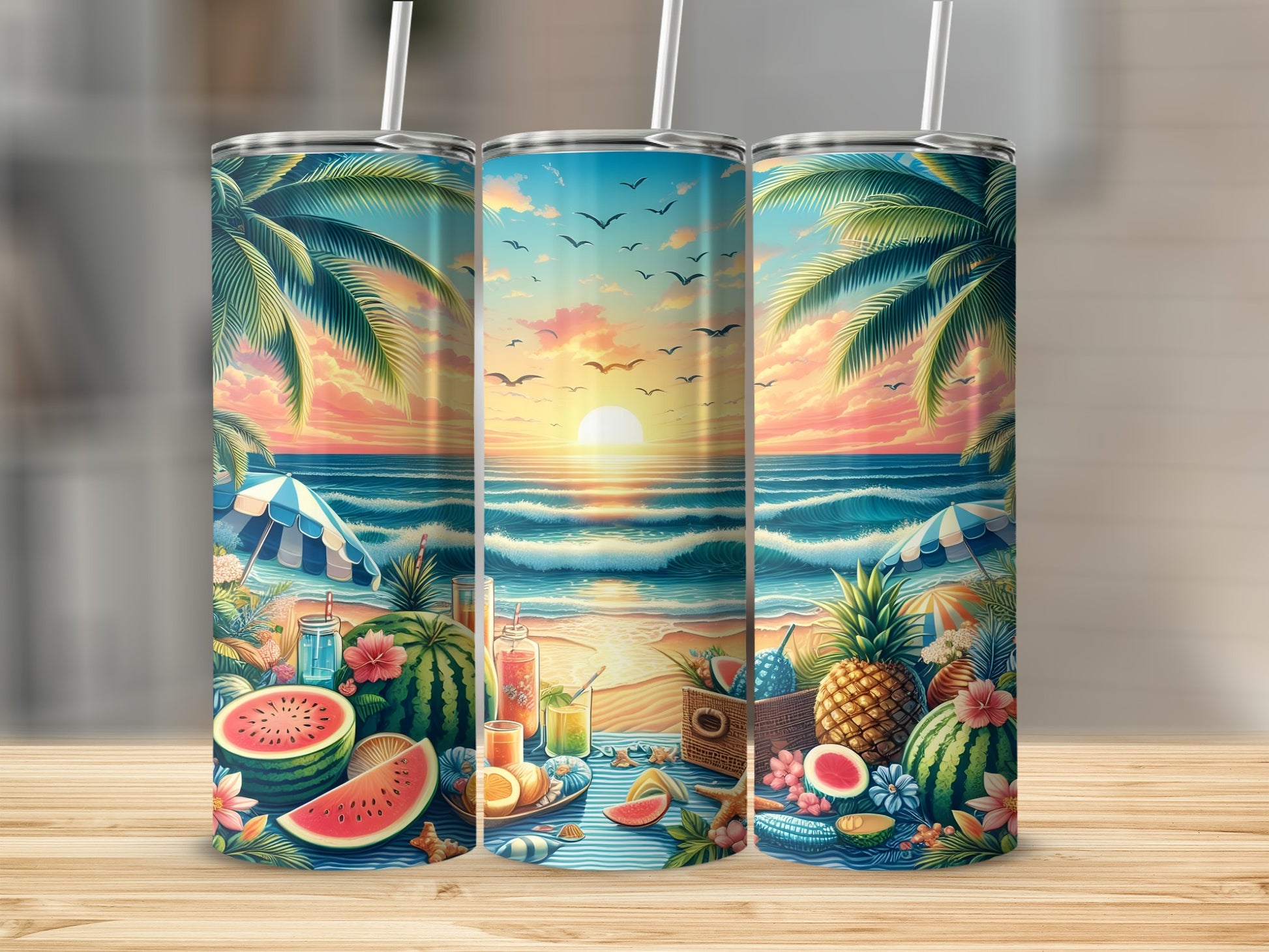 Triptych of tumblers with tropical beach sunset, fruit, and umbrellas.