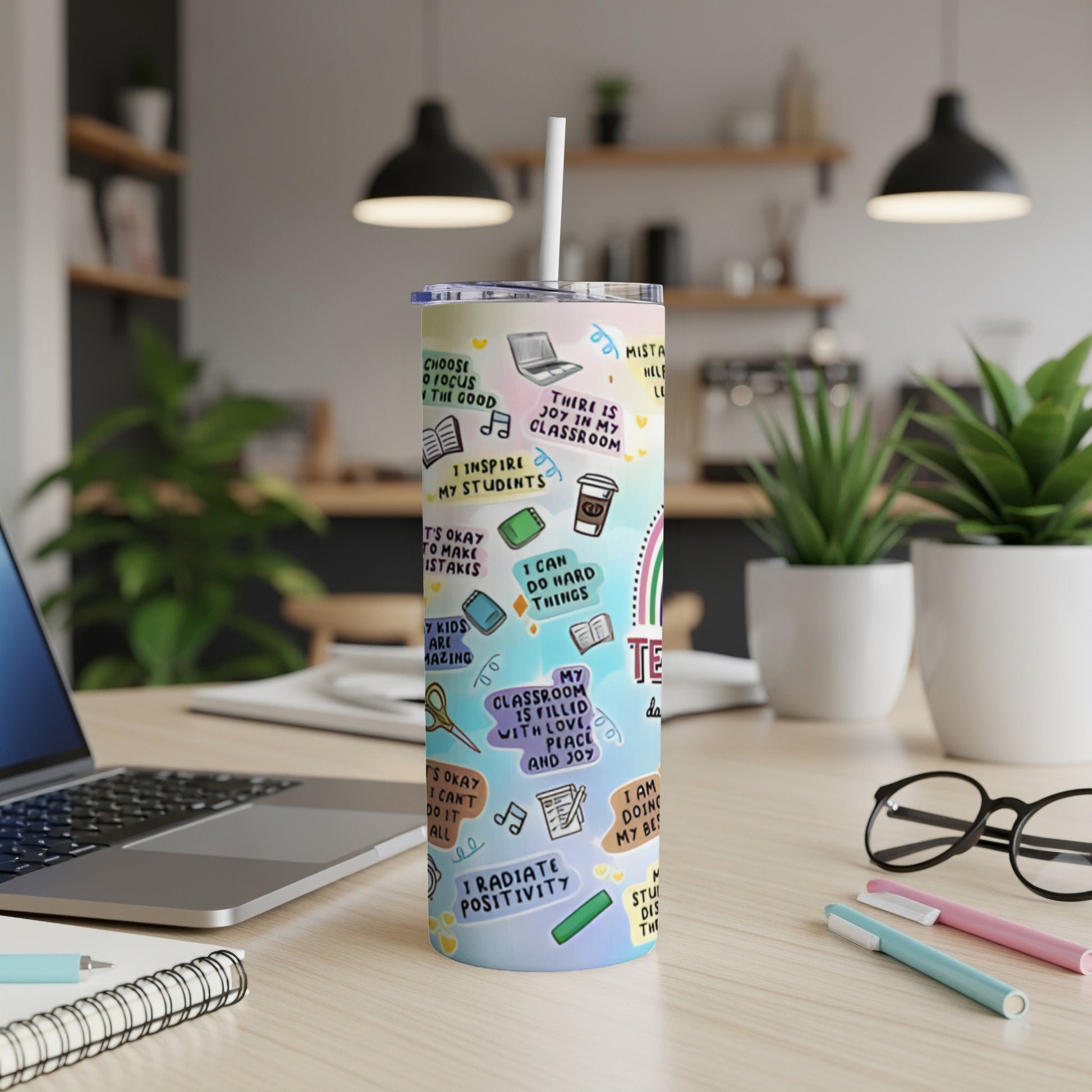 Colorful tumbler with motivational quotes for teachers and students.