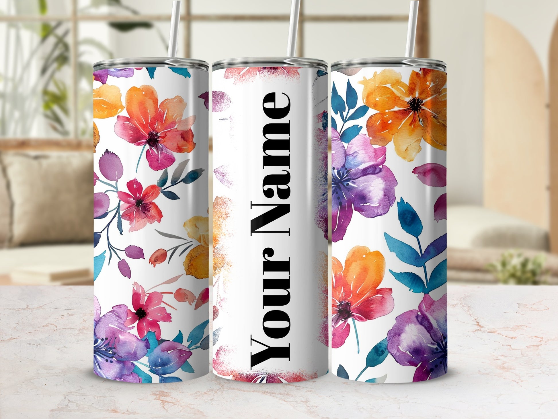 Personalized Floral Design Skinny Tumbler with Straw