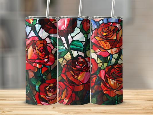 Tumbler with stained glass rose design.