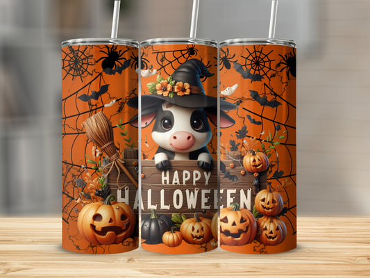 Cute Halloween Cow Design with Pumpkins and Broom Tumbler