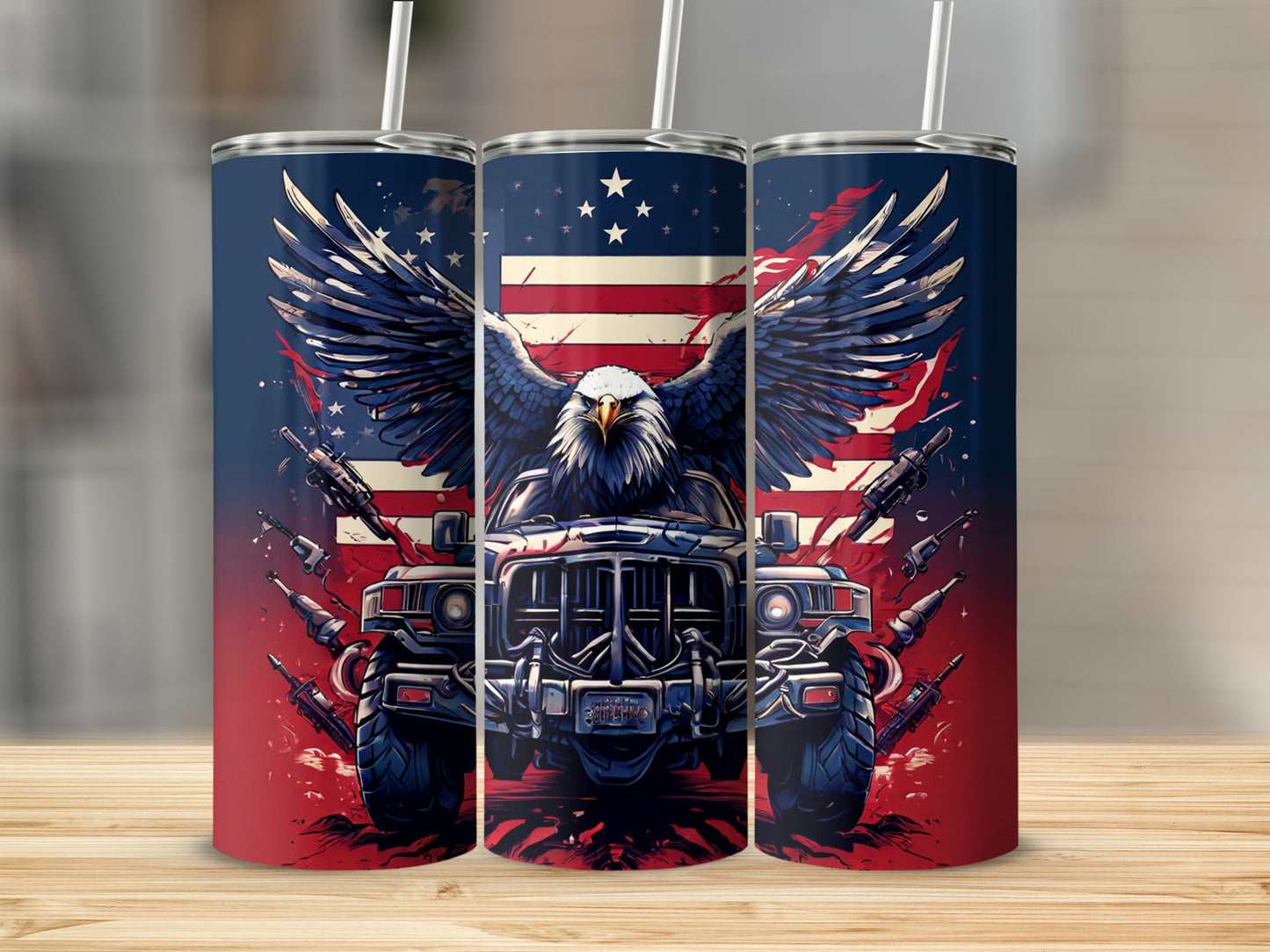 Patriotic eagle and military vehicle with US flag background.
