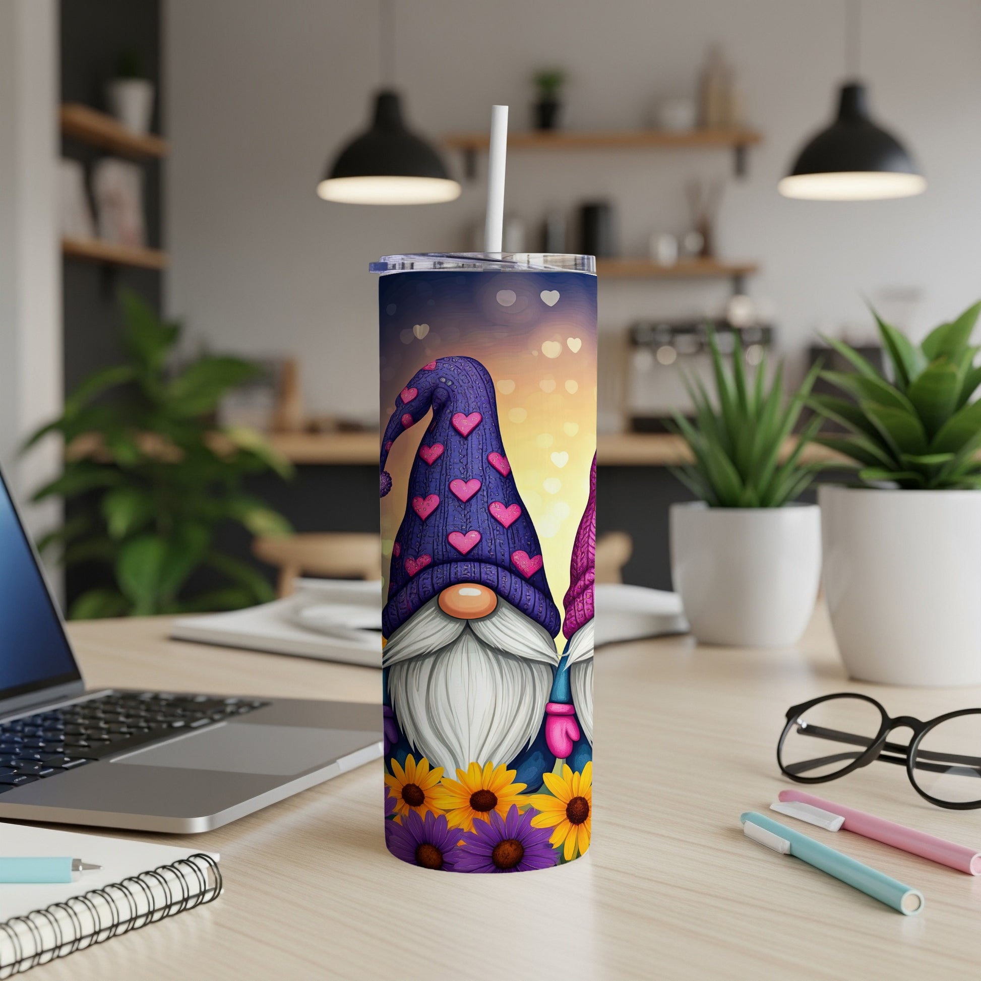 Two gnomes with purple hats and hearts, sunflowers, on a tumbler.