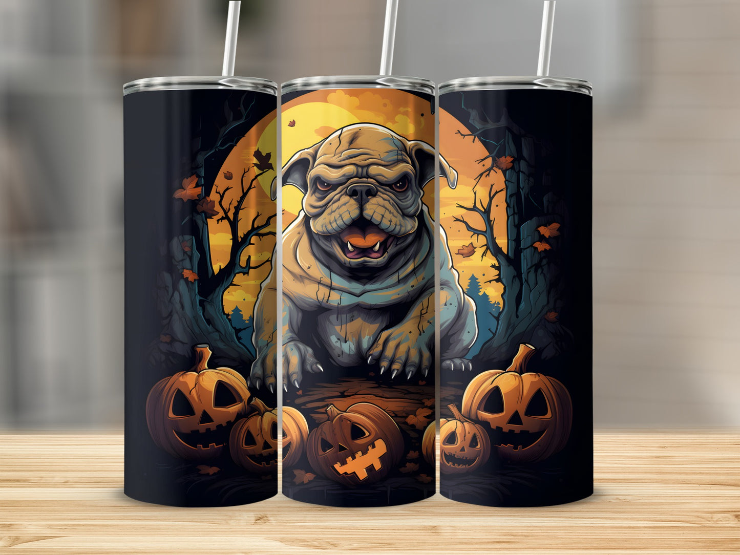 Bulldog with Halloween pumpkins and a full moon on a tumbler.