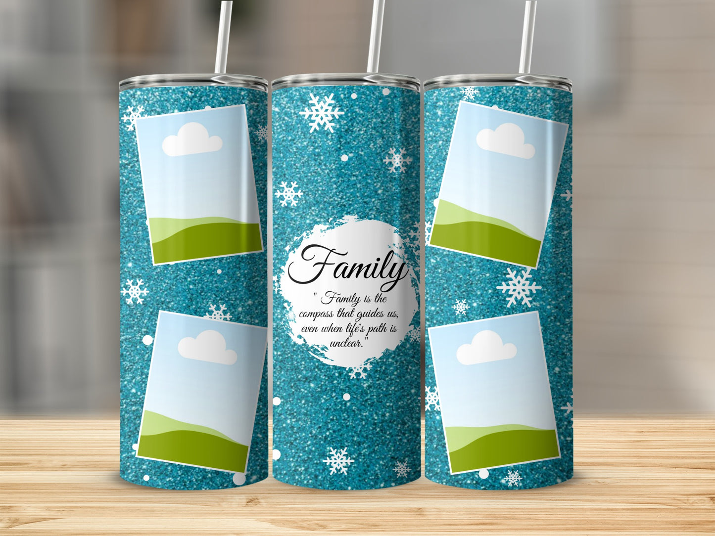 Three blue glitter tumblers with snowflakes and photo frames, one with "Family" quote.