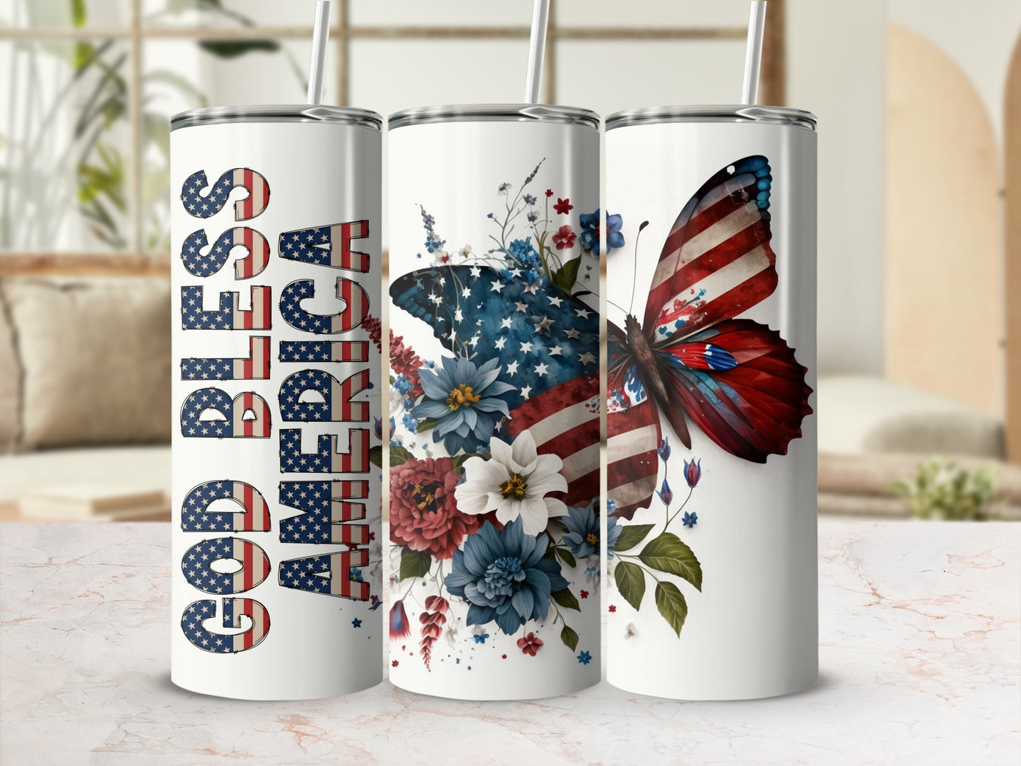 Tumblers with "God Bless America" text and butterfly, flag, and floral designs.