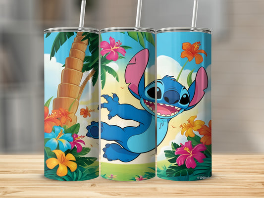 Blue Stitch character with floral accents on a tropical background tumbler.