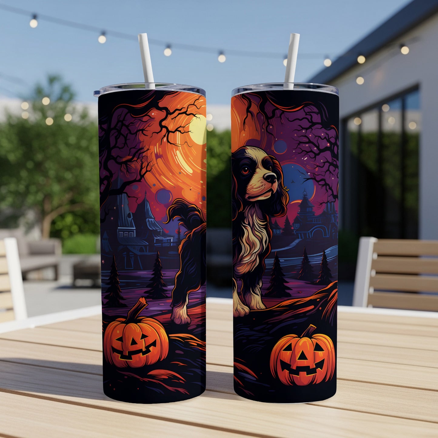 Halloween themed tumbler featuring a dog, pumpkins, and spooky scenery.