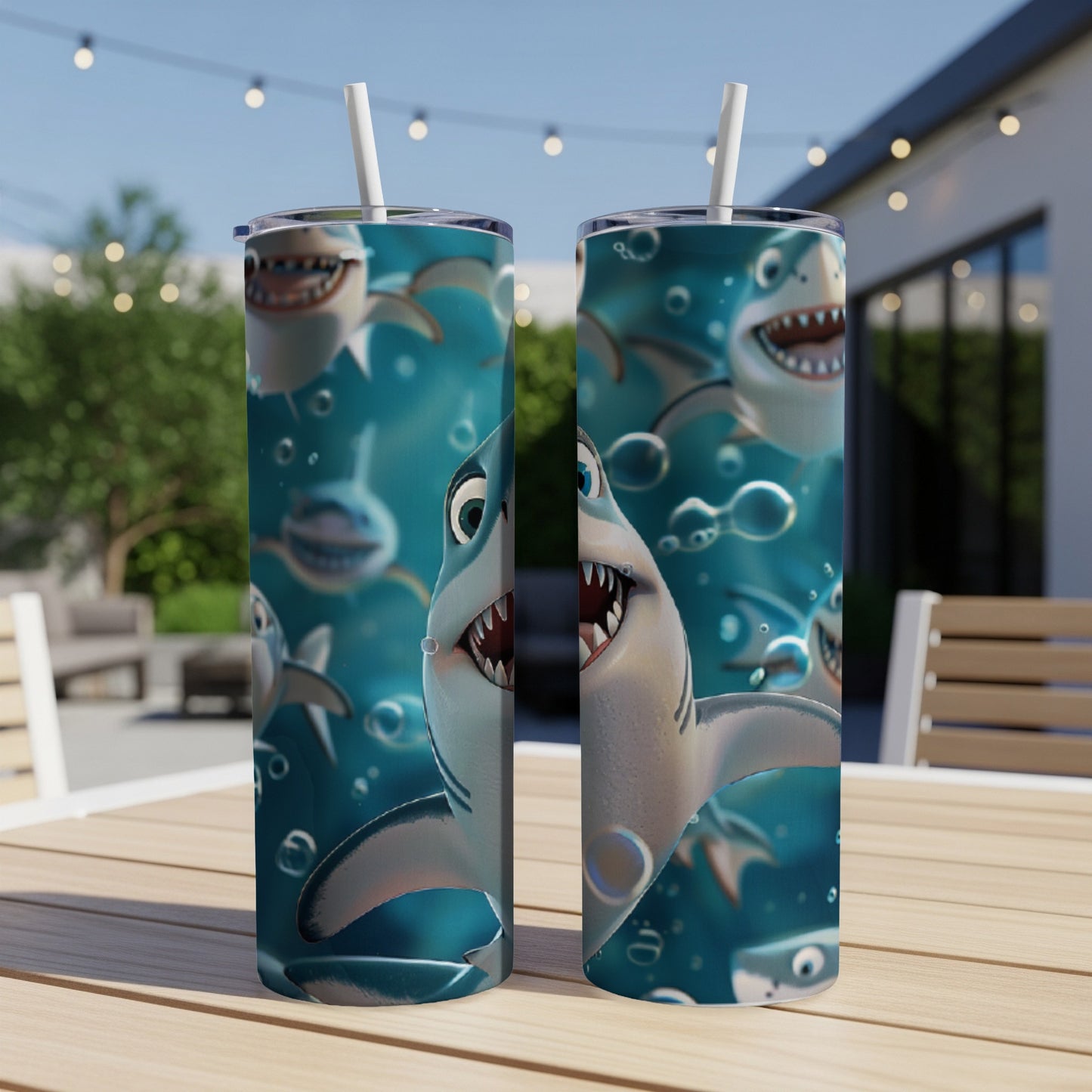 Two cartoon sharks with open mouths and straws in their heads on tumblers.