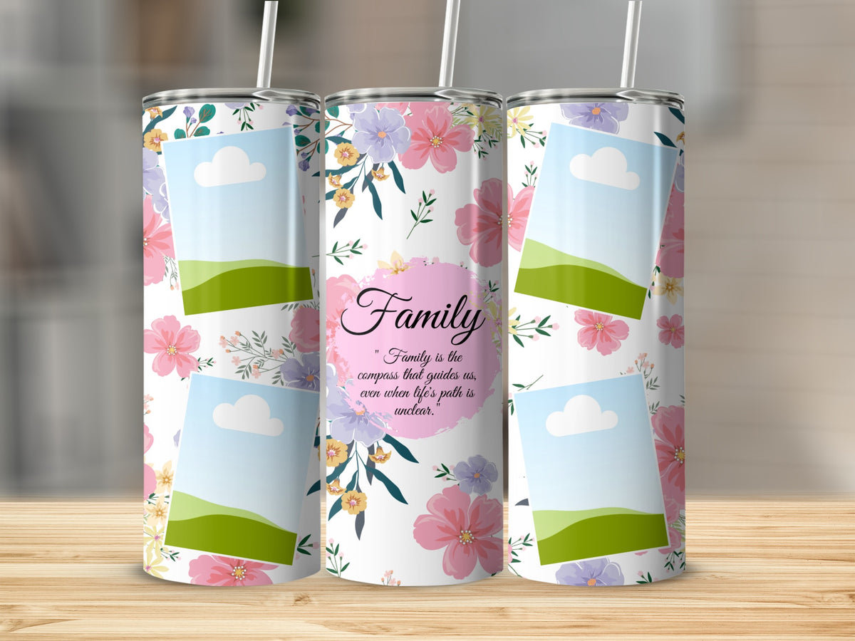 Floral print tumbler with photo frames and the quote "Family is the compass that guides us."