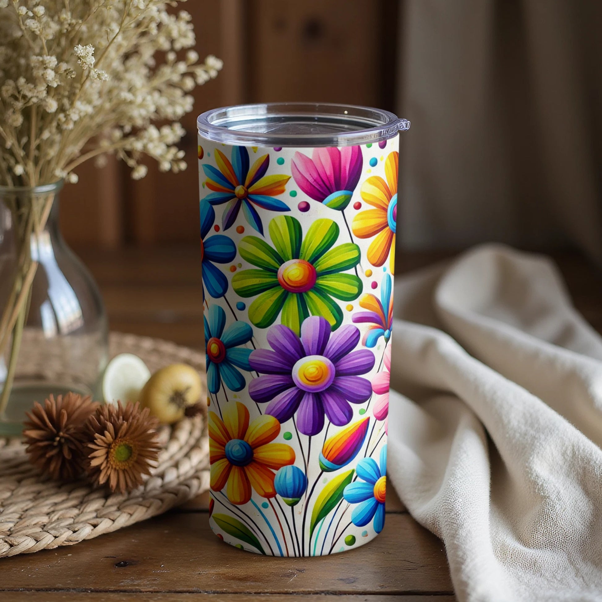 Colorful Floral Design Insulated Travel Tumbler Cup