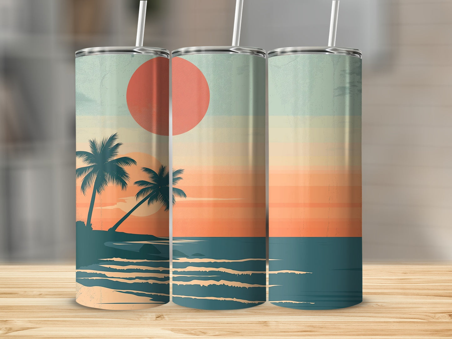 Three tumblers displaying a sunset over the ocean with palm trees.