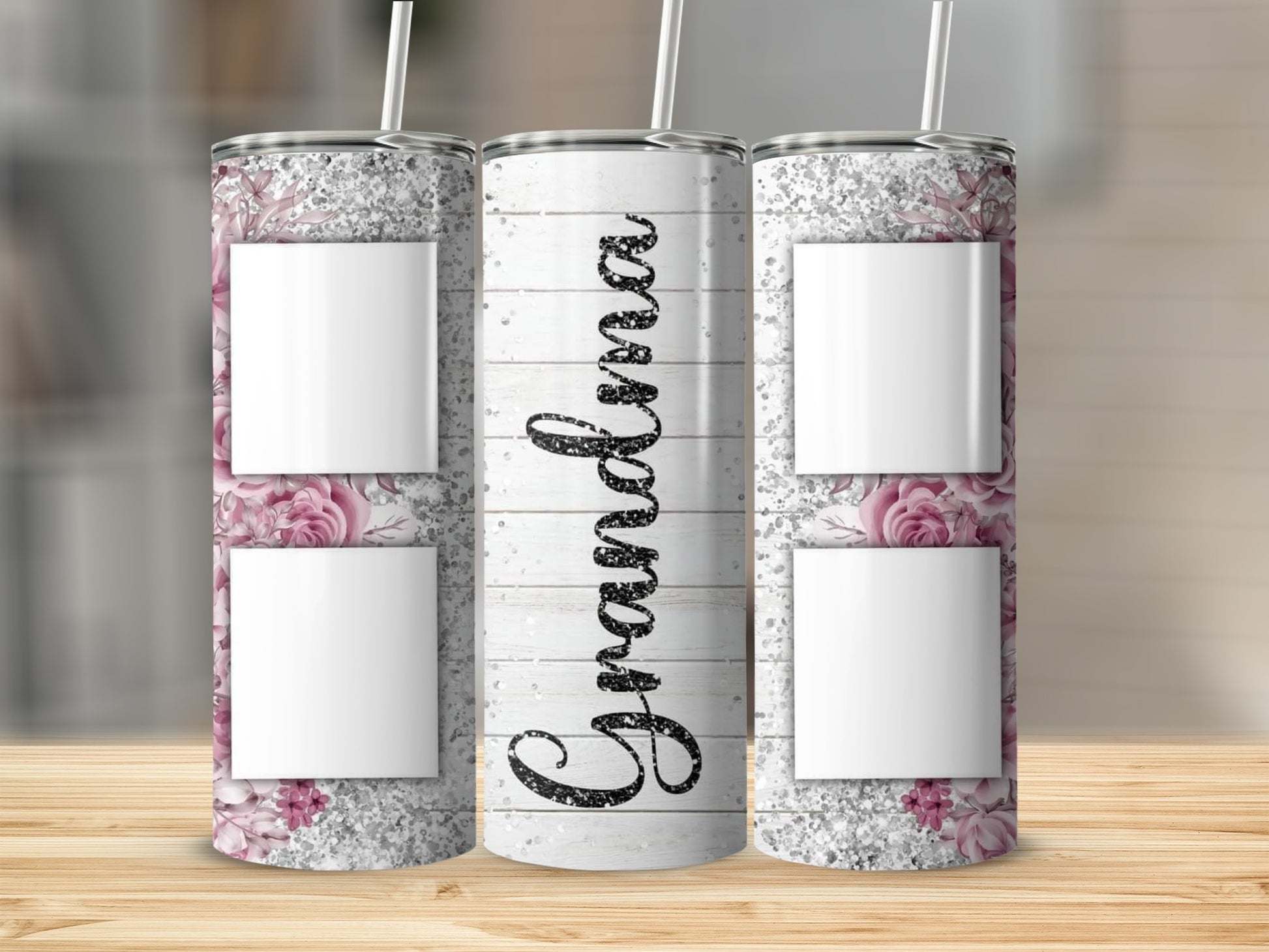 Tumblers with floral designs, glitter accents, and blank photo squares.