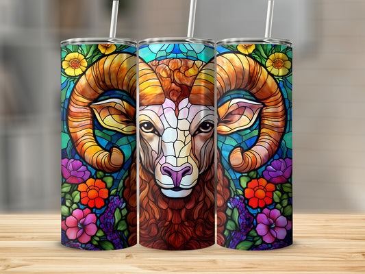 Stained glass ram head with floral border on three tumblers.