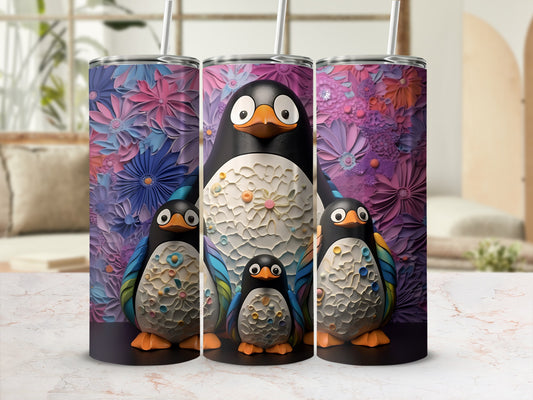 Three colorful penguin tumblers with floral background and patterned lids.