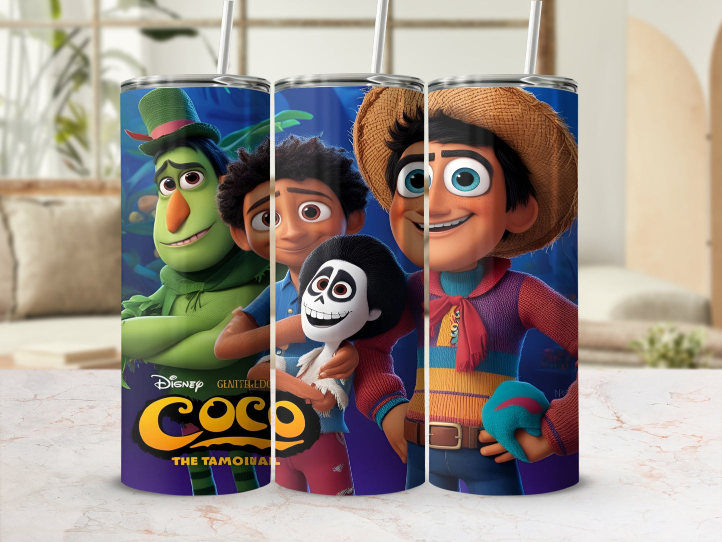 Three characters from Disney Pixar's Coco movie on a purple tumbler.