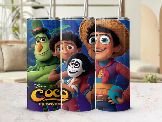 Three characters from Disney Pixar's Coco movie on a purple tumbler.