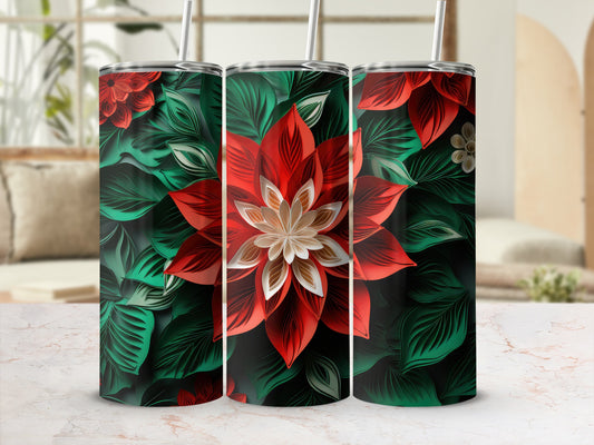 Three tumblers with a red and green poinsettia floral design.