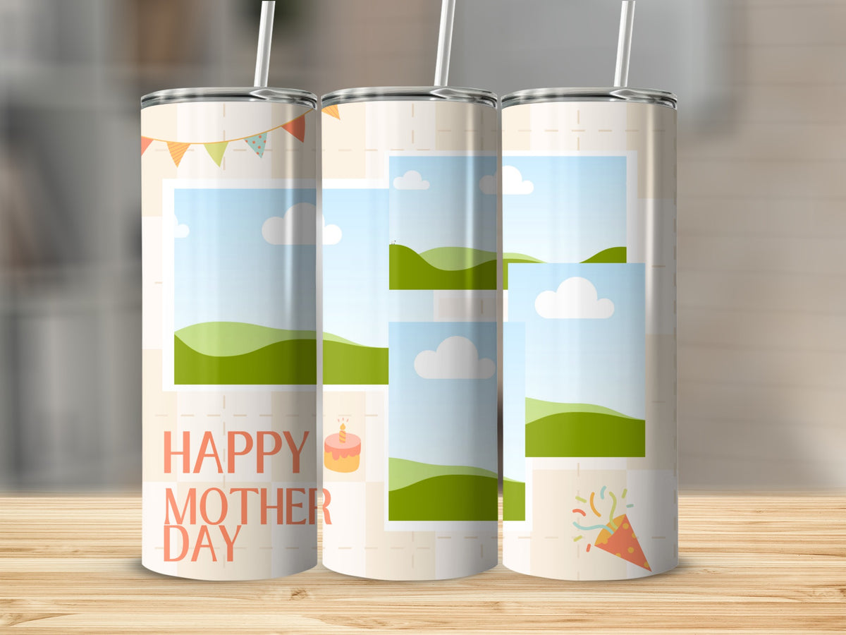 Tumblers with "Happy Mother Day" text, cake, and confetti graphics.