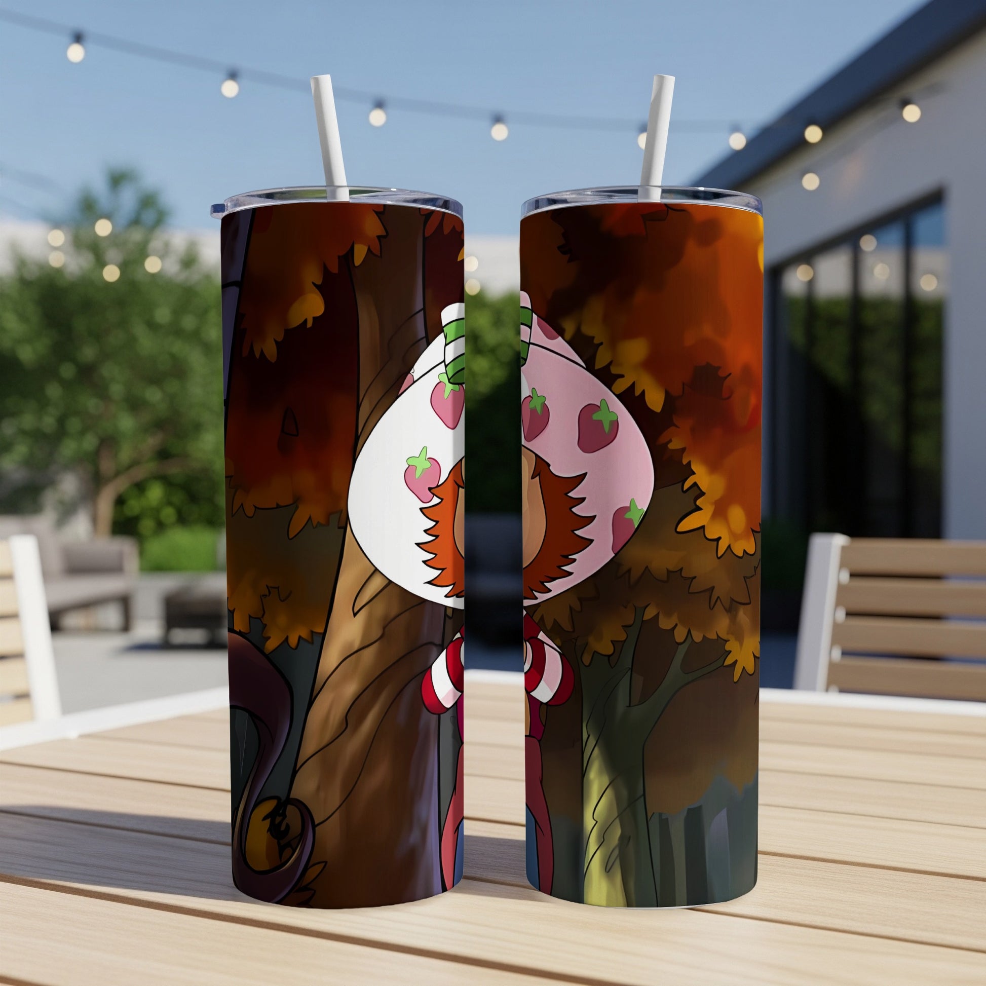 Two tumblers featuring Strawberry Shortcake character art with a forest background.