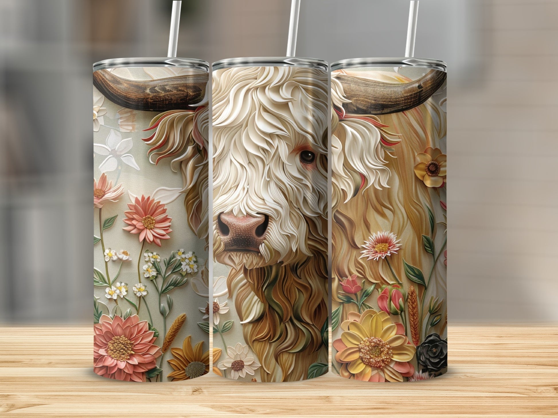 Floral Highland cow tumbler with textured petals and straw.
