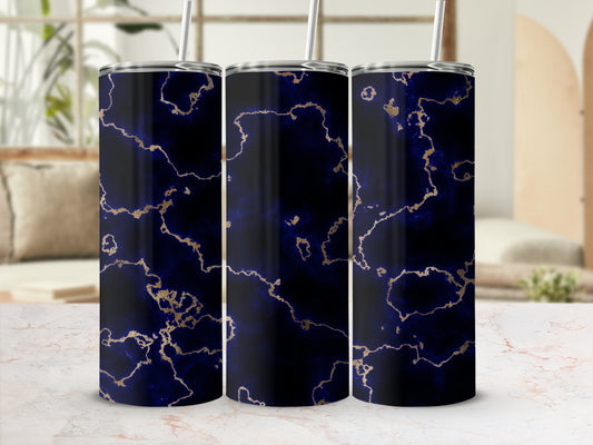 Three tumblers with a dark blue and gold marble pattern.
