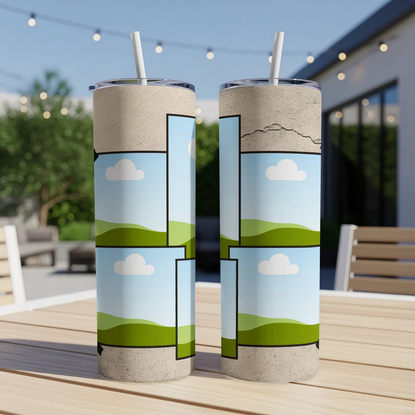 Two tumblers with a landscape design and cracked concrete texture.