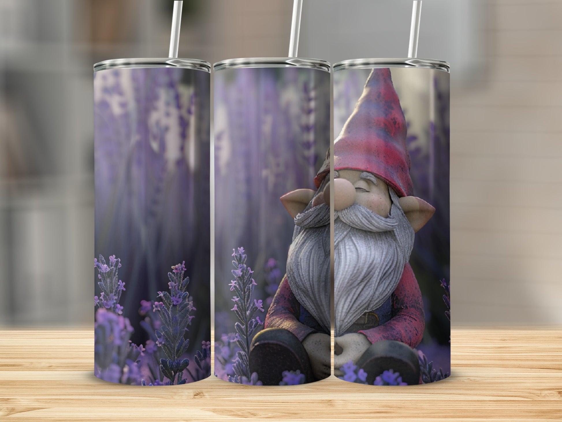 Gnome with red hat and beard sitting among lavender flowers.