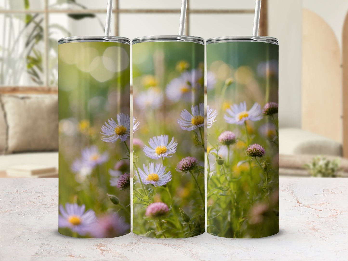 Three tumblers featuring a blurred floral background with purple and white flowers.