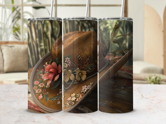 Triptych of a brown cowboy hat adorned with flowers, feathers, and embellishments.