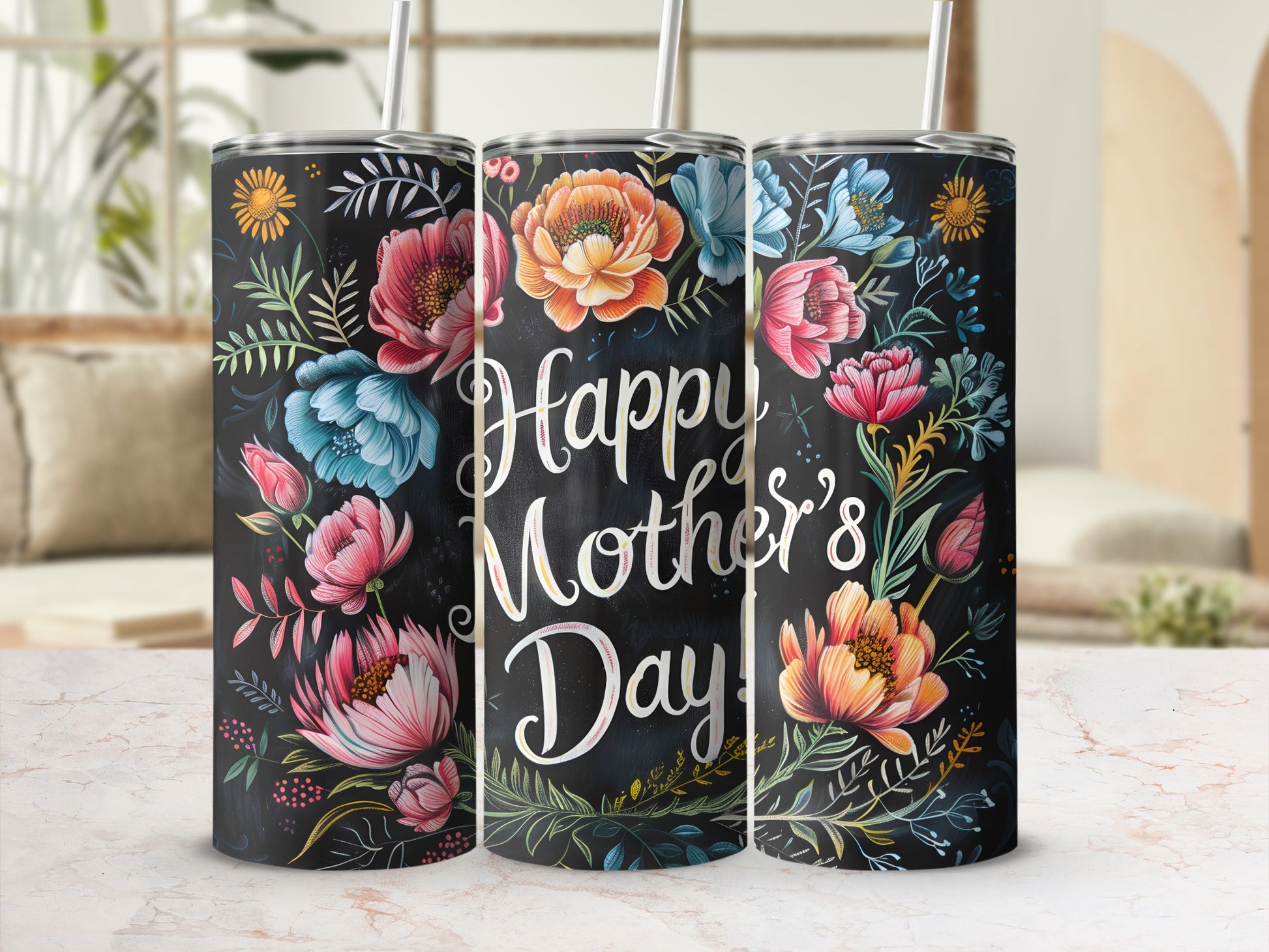 Happy Mother's Day Floral Tumbler with Straw