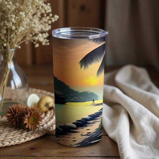 Sunset Beach Scene on Tumbler with Palm Tree Design