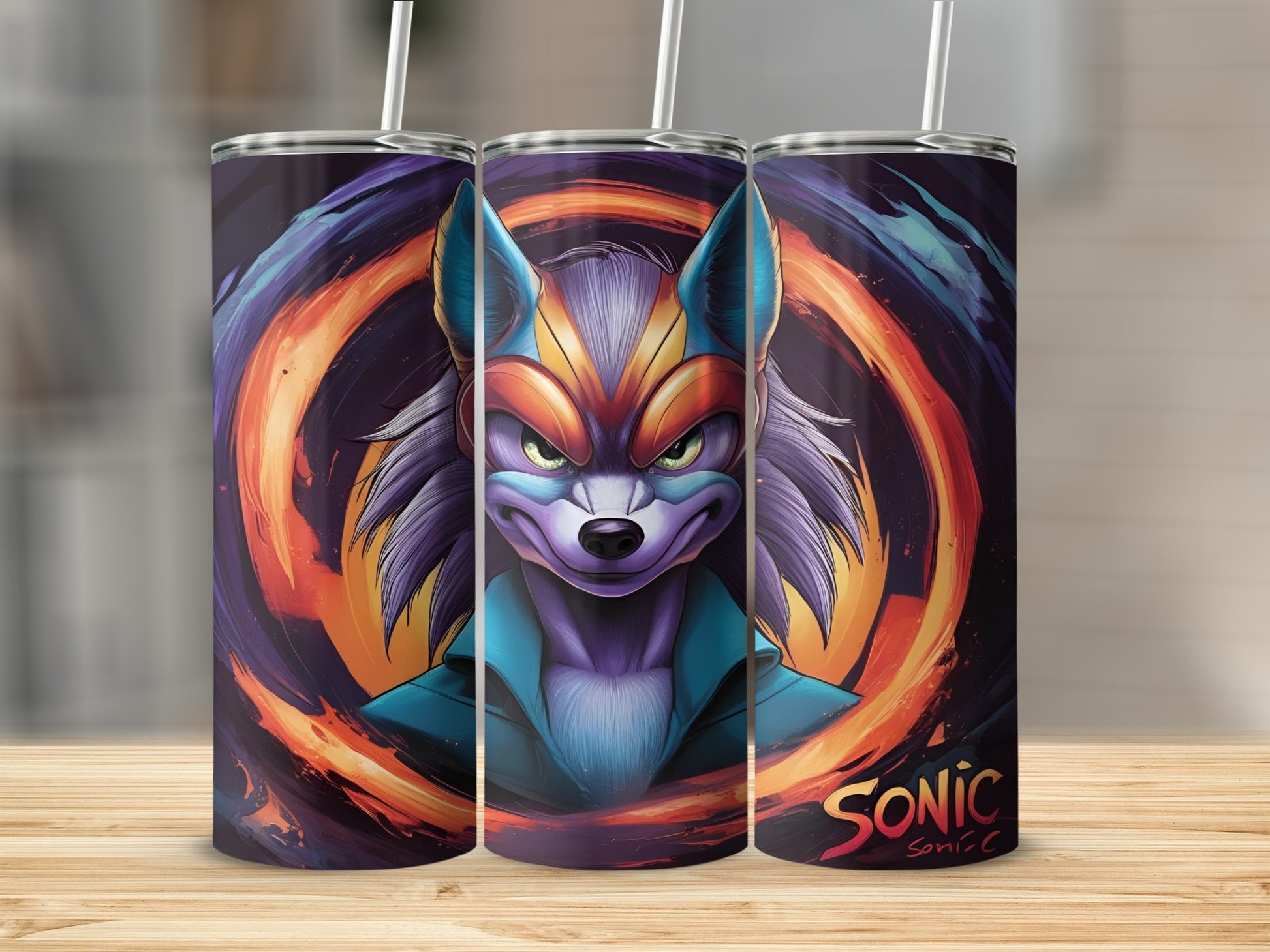 Sonic the Hedgehog character with fiery swirl background on a tumbler.