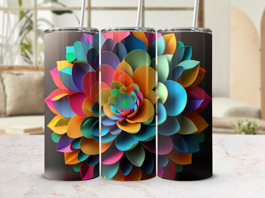 Three tumblers with a vibrant, colorful floral mandala design.