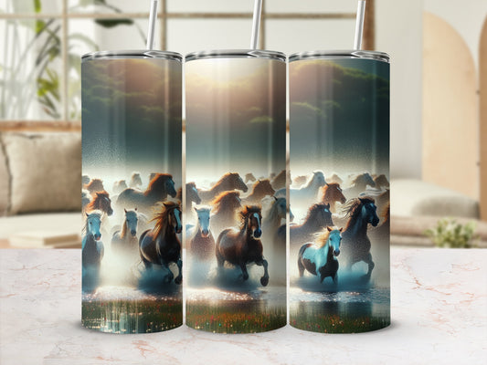 Three tumblers featuring a herd of horses running through water.