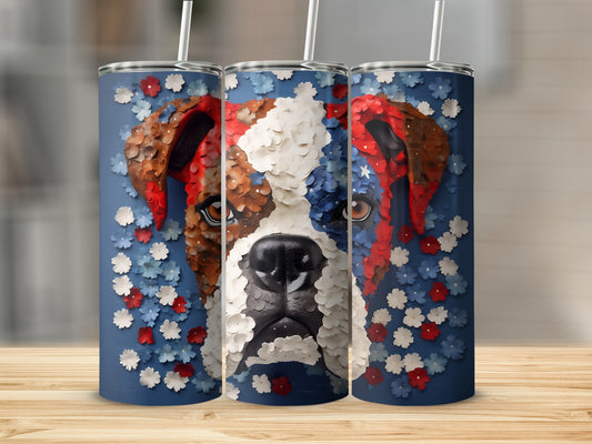 Dog face tumbler with red, white, and blue floral pattern.