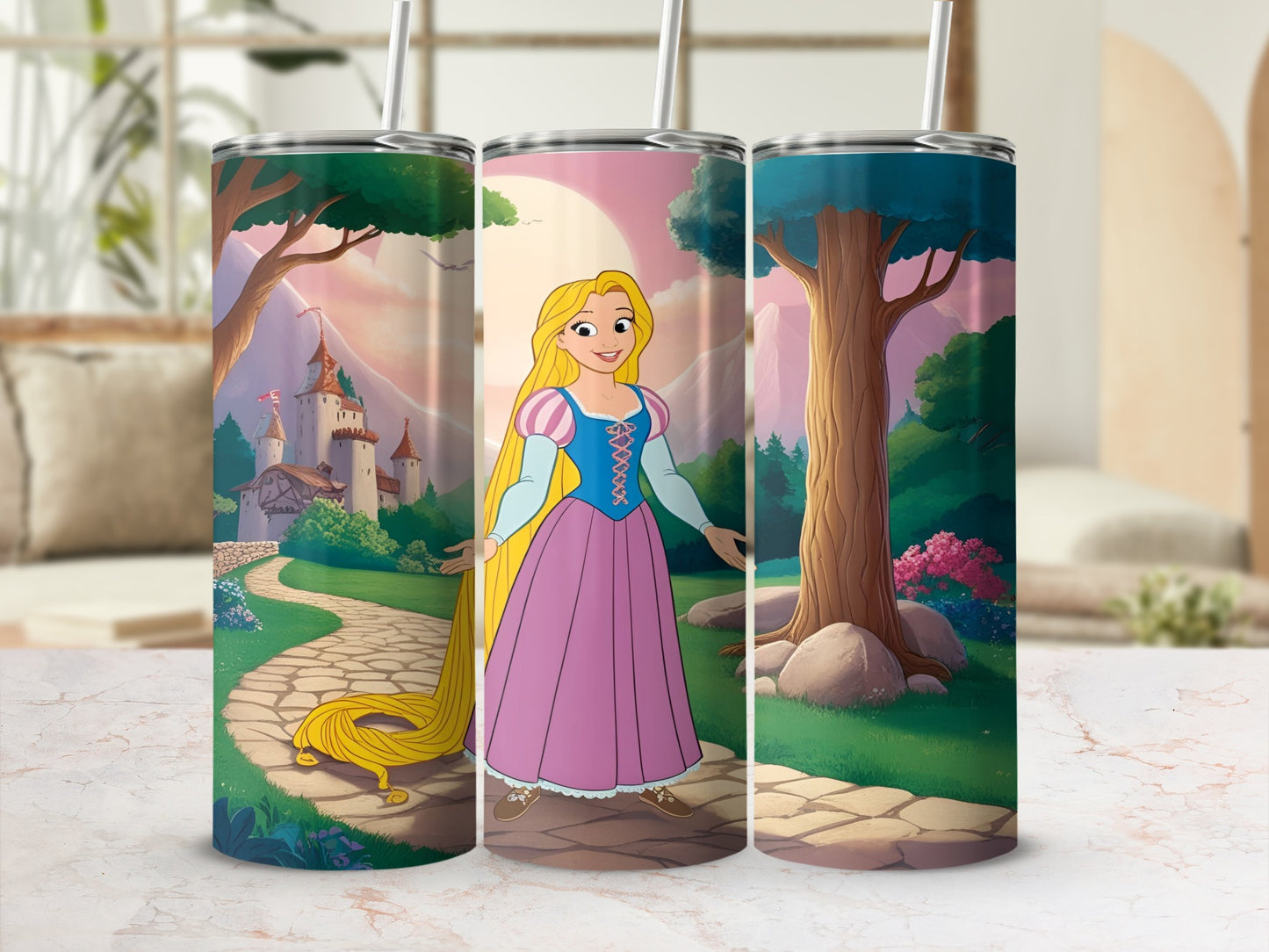 Rapunzel with long blonde hair stands in a castle courtyard.