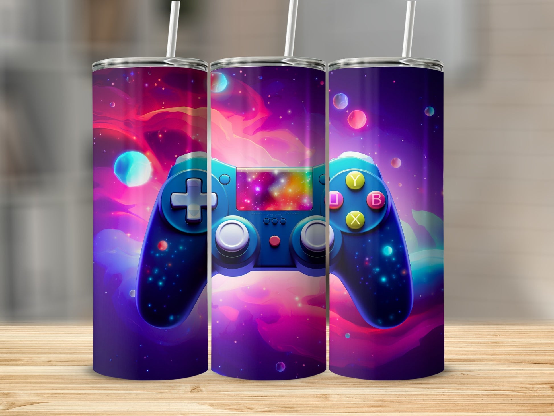 Colorful Galaxy Gaming Tumbler with Controller Design