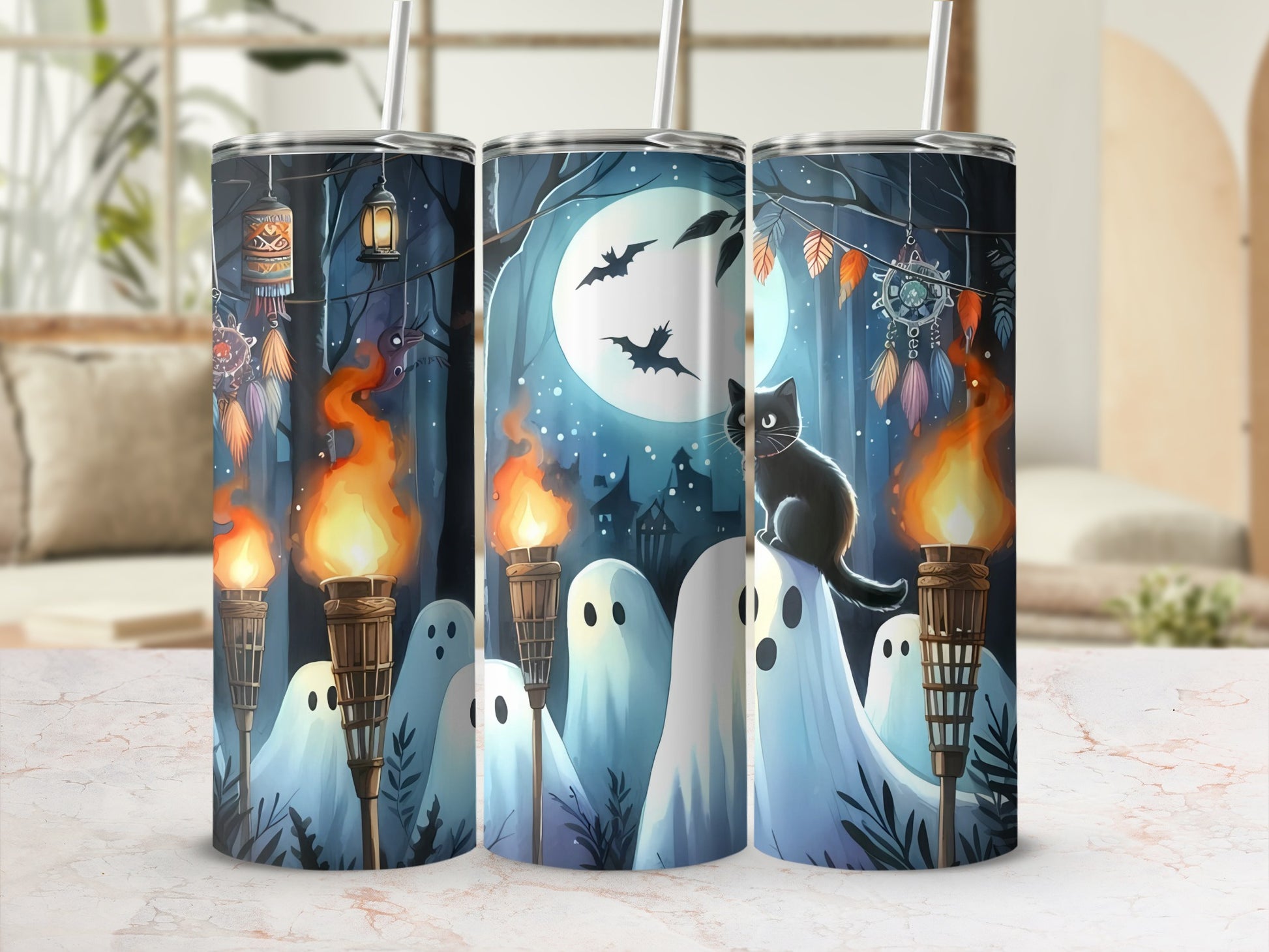 Halloween tumblers with ghosts, a black cat, and bats under a full moon.