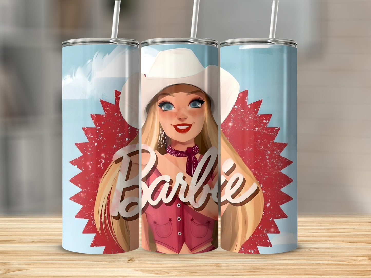 Barbie Cowgirl Illustration Red Starburst Blue Sky Tumblers