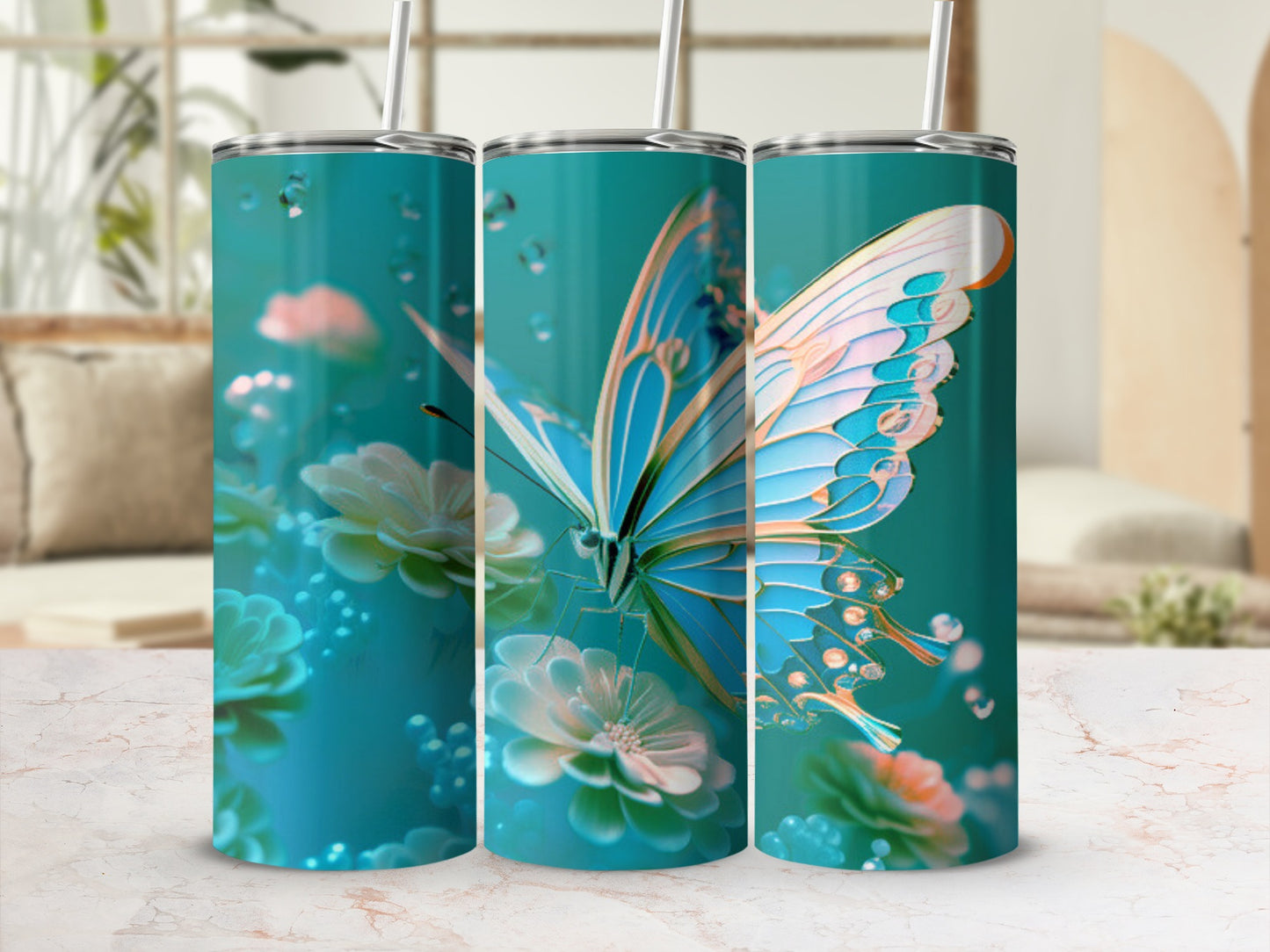 Turquoise tumbler with a blue butterfly and white flowers design.