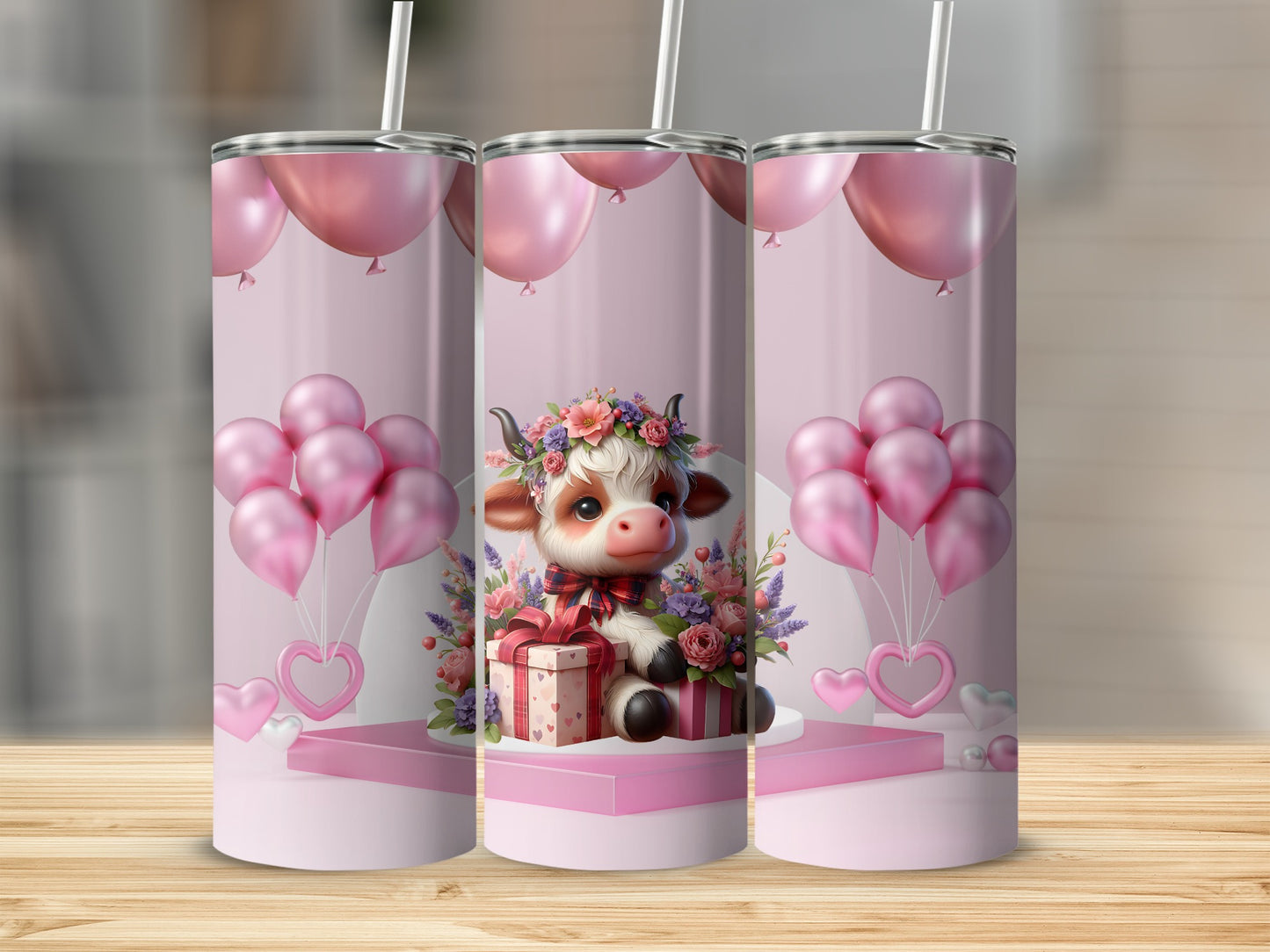 Adorable Cow and Pink Balloons Tumbler with Gifts