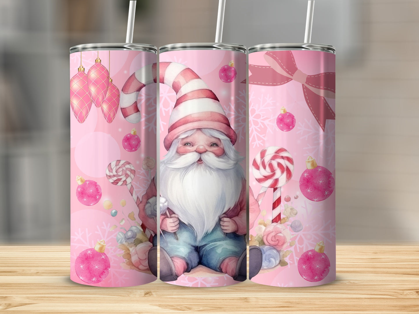 Adorable Pink Christmas Gnome with Candy Cane Tumbler