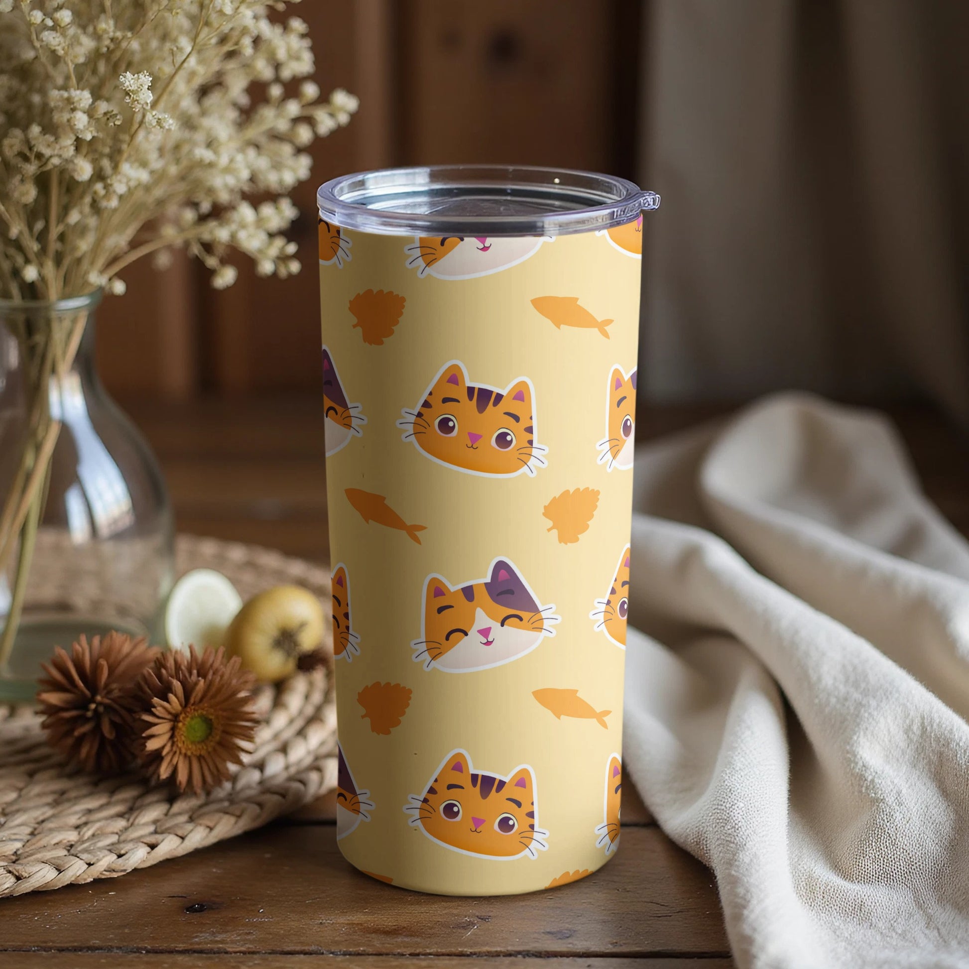 Cute Cat Faces Design on Yellow Tumbler