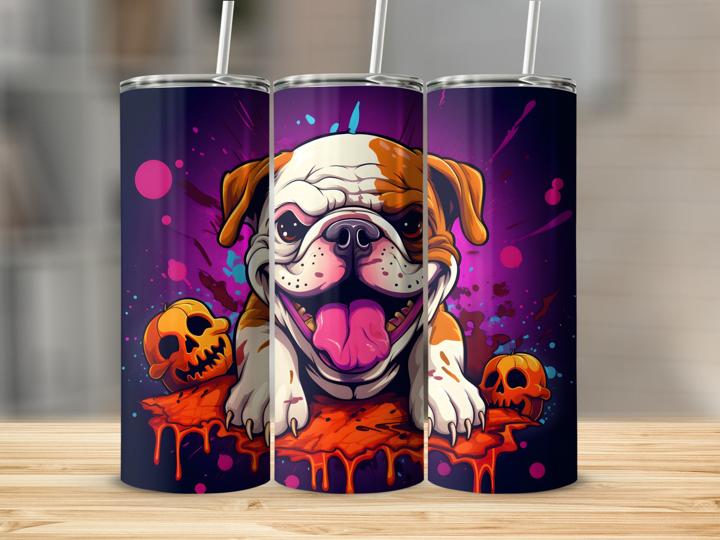 Bulldog with pumpkins on tumblers with dark purple splatter background