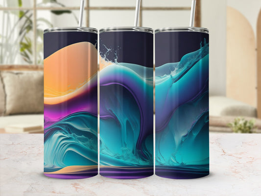 Three tumblers with a vibrant, flowing abstract liquid design in purple, blue, and orange.