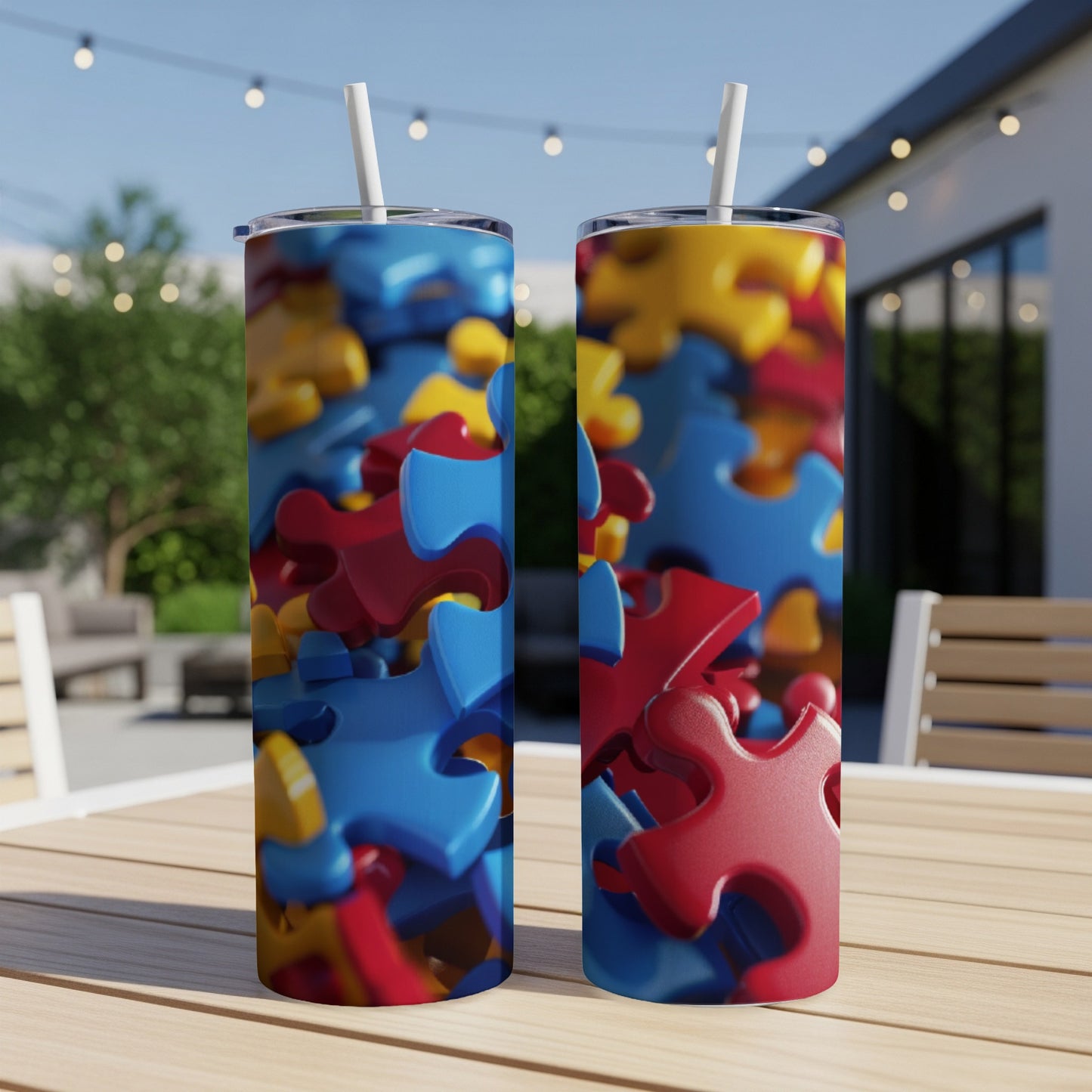 Two tall tumblers covered in colorful puzzle pieces, set on a table.