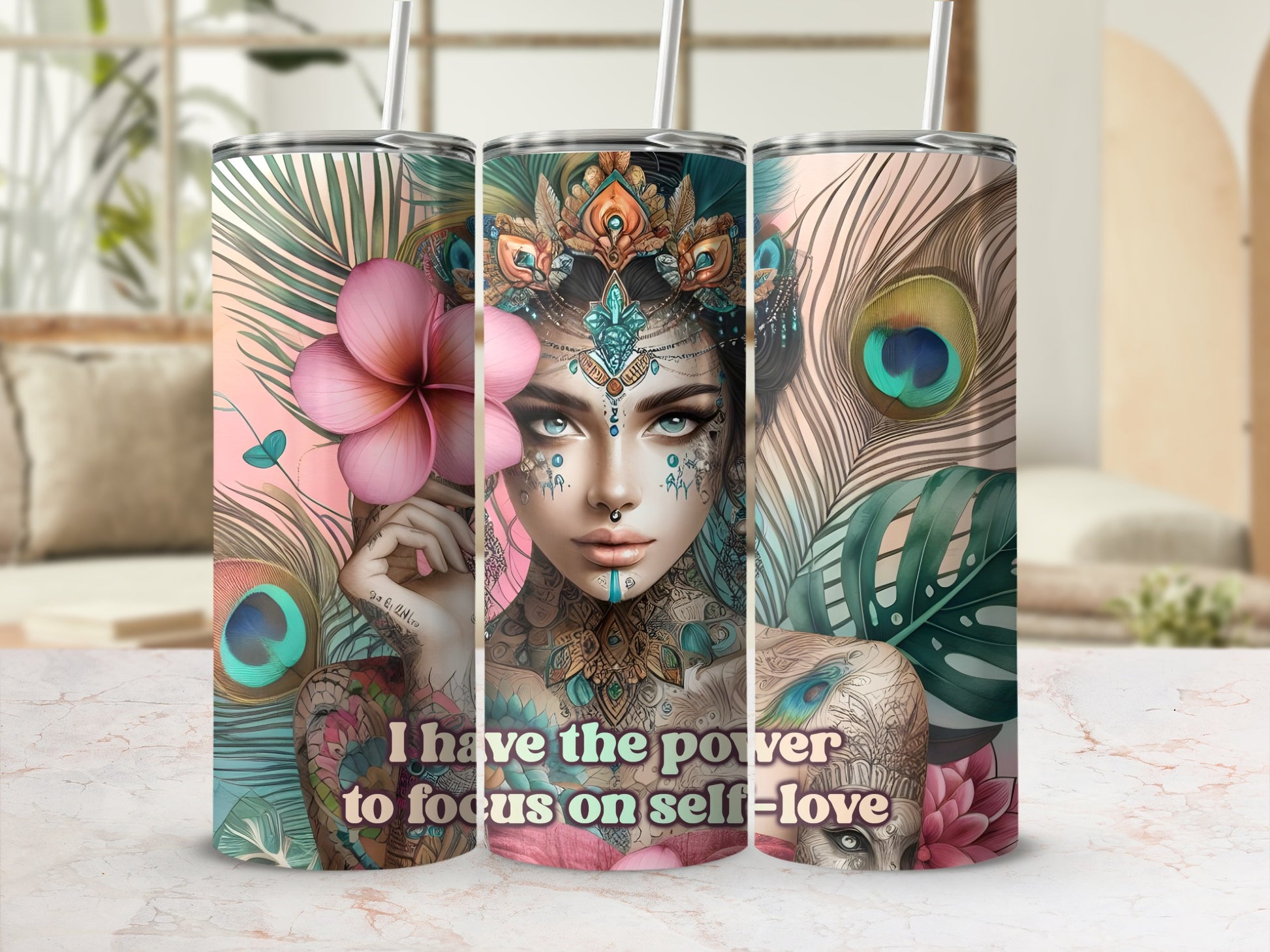 Three tumblers featuring a woman with colorful face paint and peacock feathers.