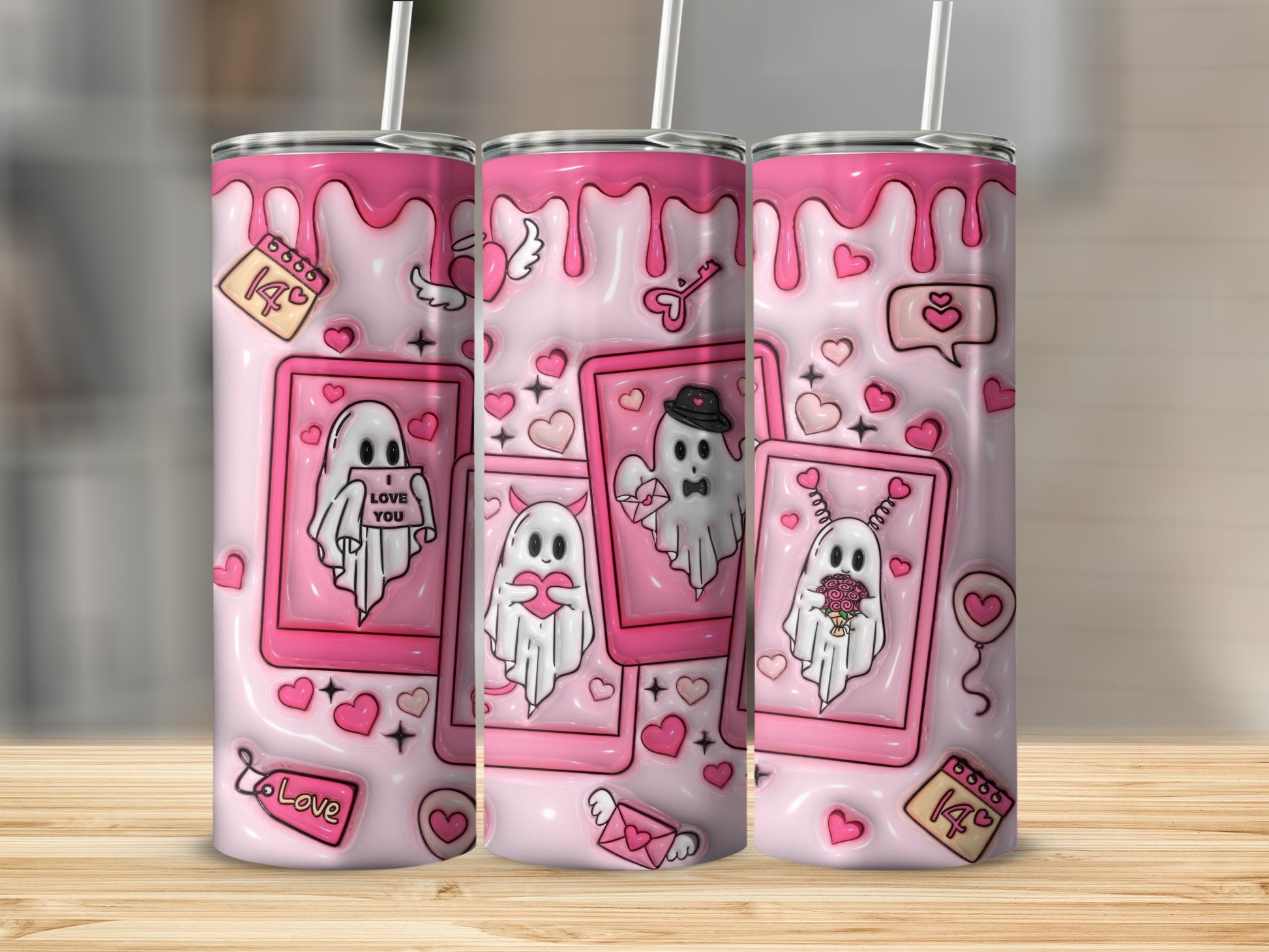 Pink Ghosts Hearts and Love Tumbler with Cute Design